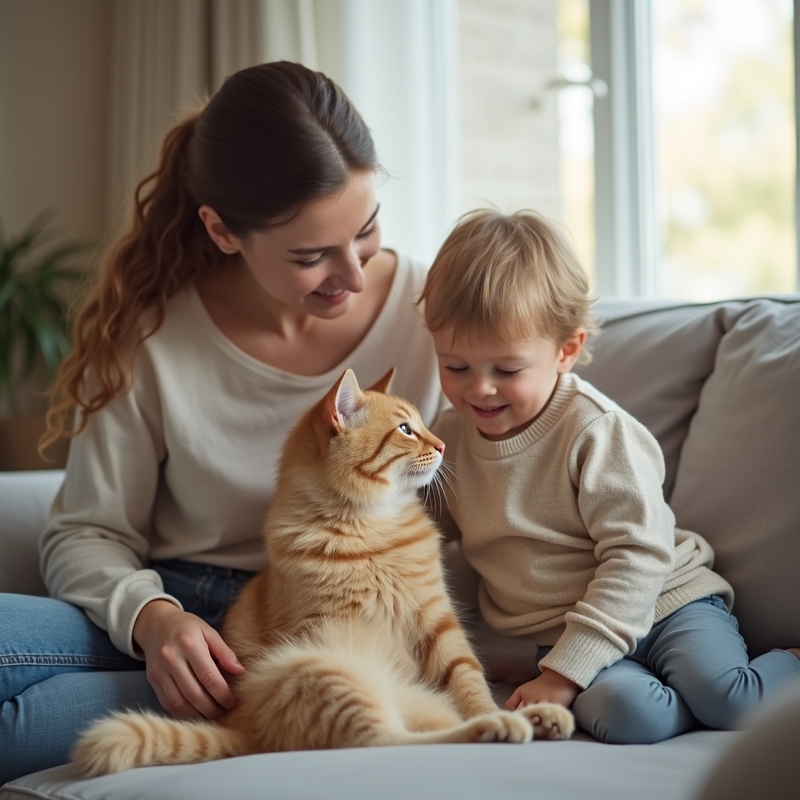 Dijete nježno promatra mačku u toplom obiteljskom dnevnom boravku