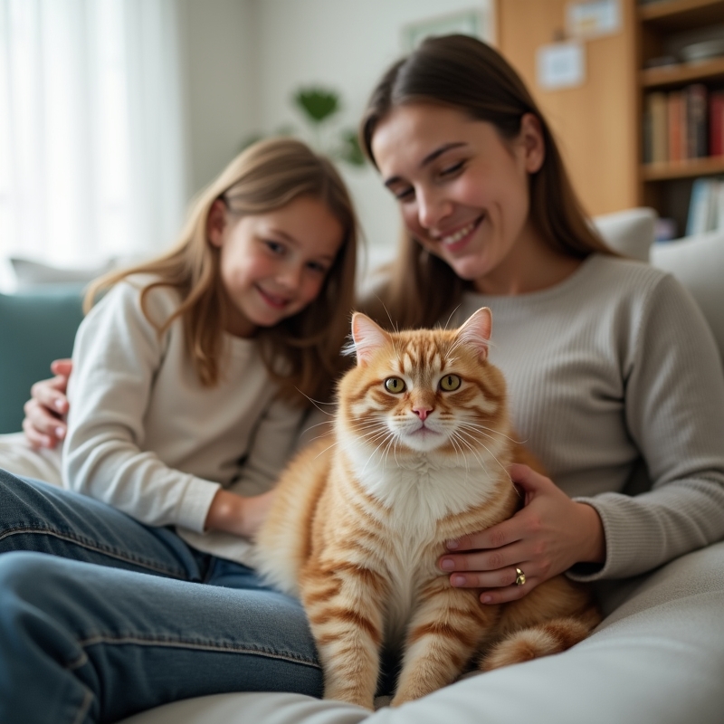 Roditelj i dijete sjede na kauču uz mirnu mačku u dnevnom boravku