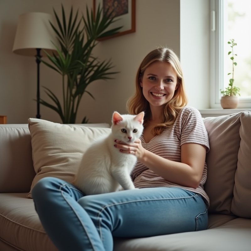 Vlasnik sjedi na kauču dok se mačić kreće po mirnom stanu