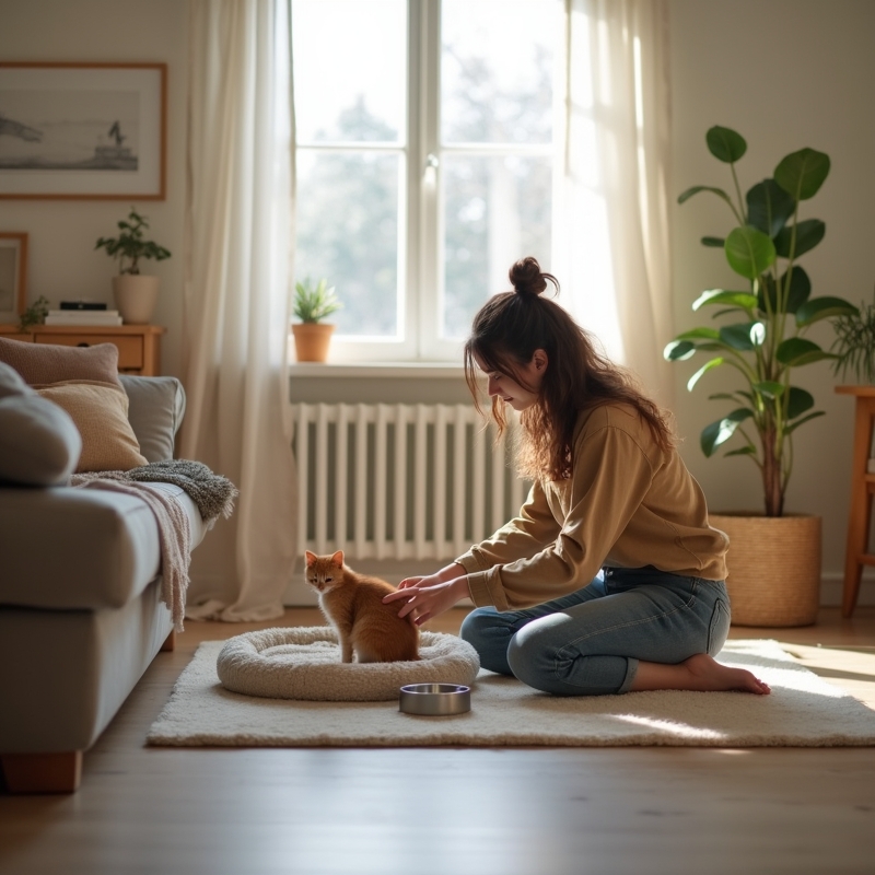 Vlasnik priprema krevetić i zdjelice za mačića u stanu