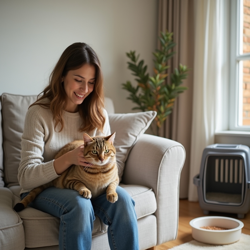 Potrepštine za mačku poput zdjelice, grebalice i transportera pripremljene u mirnom domu